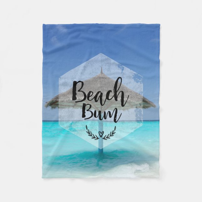 Beach Bum Typography - Umbrella on Tropical Beach Fleece Blanket (Front)