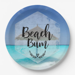 Beach Bum Typography - Umbrella on Tropical Beach Paper Plate