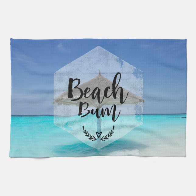 Beach Bum Typography - Umbrella on Tropical Beach Tea Towel (Horizontal)