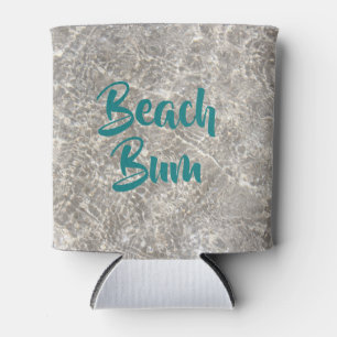 Beach bum water on beach sand can cooler