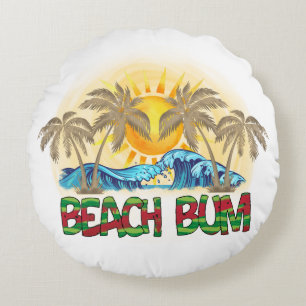 Beach Bum   Watermelon, Ocean Waves & Tropical Sun Round Cushion