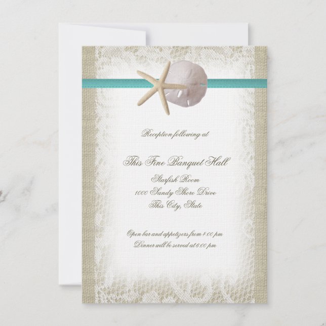 Beach Burlap and Lace Aqua Reception Invitation (Front)