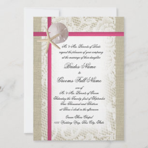 Beach Burlap and Lace Fuchsia Wedding Invitation