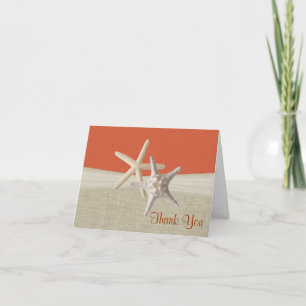Beach Burlap and Starfish Coral Thank You Card