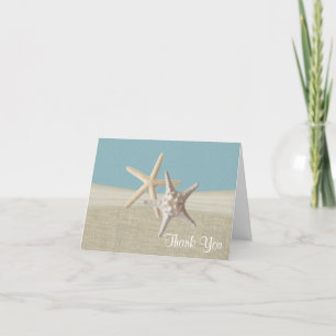 Beach Burlap and Starfish Sky Blue Thank You Card