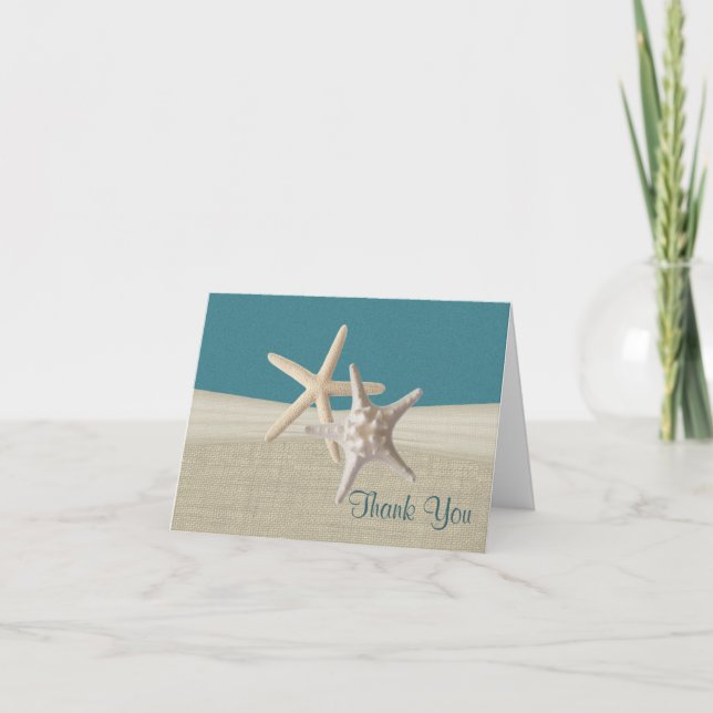 Beach Burlap and Starfish Teal Thank You Card (Front)