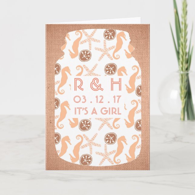 Beach Burlap Mason Jar Baby Girl Announcement (Front)