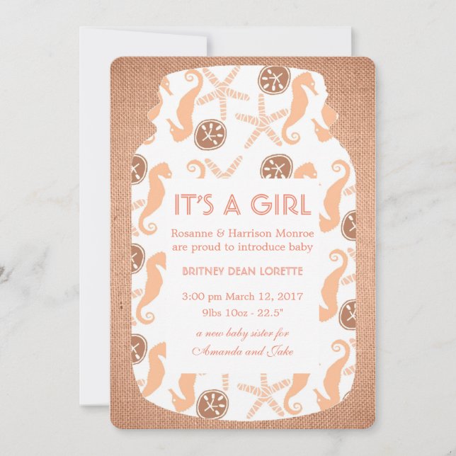 Beach Burlap Mason Jar Baby Girl Announcement (Front)