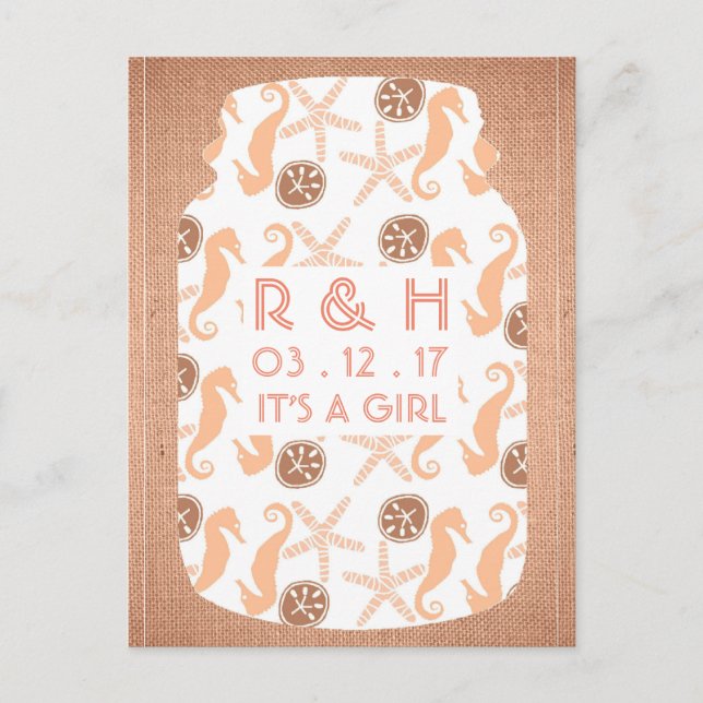 Beach Burlap Mason Jar Baby Girl Announcement Postcard (Front)
