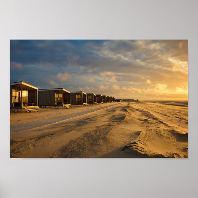 Beach cabins at sunset at the dutch coast poster (Front)
