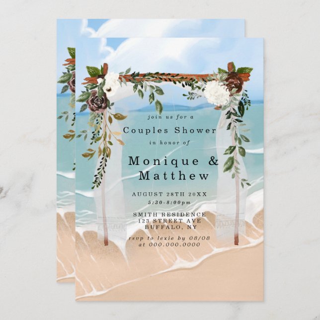 Beach Canopy Marsala Floral Couples Shower Invites (Front/Back)