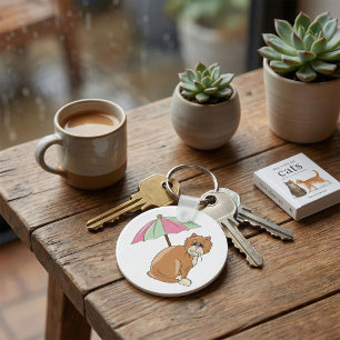 Beach Cat with Pink and Green Umbrella  Key Ring