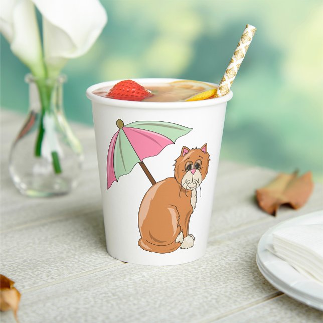 Beach Cat with Pink and Green Umbrella  Paper Cups (Creator Uploaded)