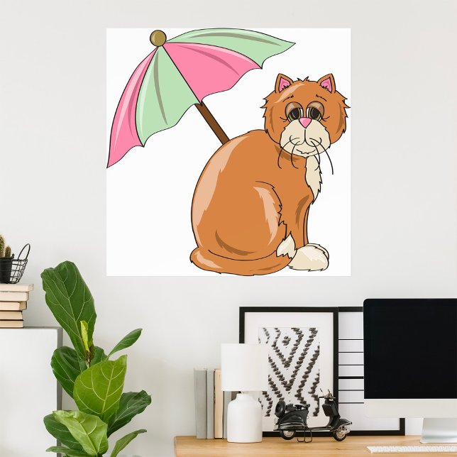 Beach Cat with Pink and Green Umbrella  Poster (Creator Uploaded)