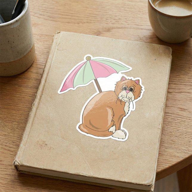 Beach Cat with Pink and Green Umbrella  Square Sticker (Creator Uploaded)