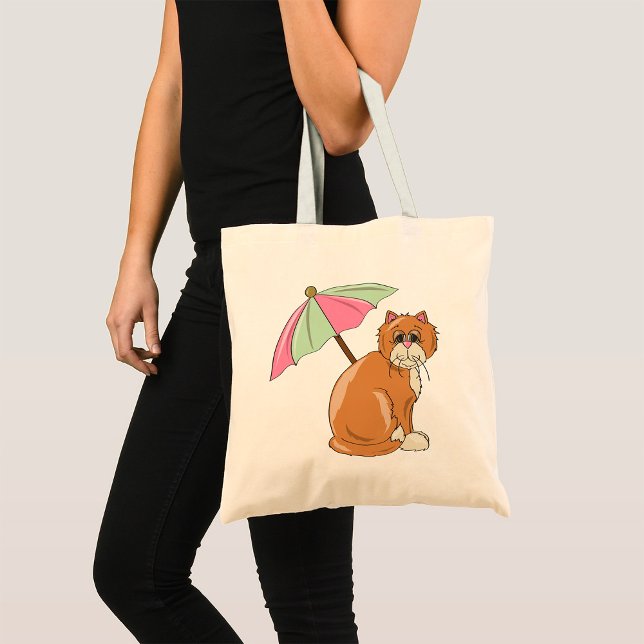 Beach Cat with Pink and Green Umbrella  Tote Bag (Creator Uploaded)