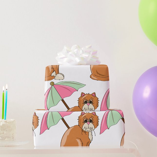 Beach Cat with Pink and Green Umbrella  Wrapping Paper (Creator Uploaded)