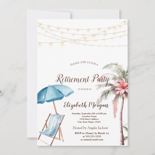 Beach Chair,Parasol, Palm Flower Invitation (Front)