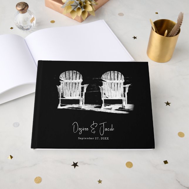 Beach Chairs Black And White Wedding Guest Book (Front Open)