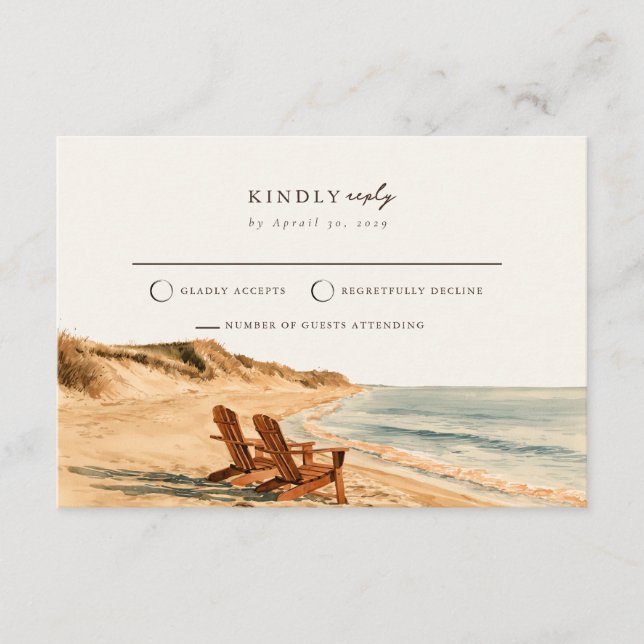 Beach Chairs Coastal Sunset Wedding RSVP Card  (Front)