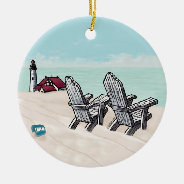 Beach Chairs lighthouse Ceramic Tree Decoration (Front)
