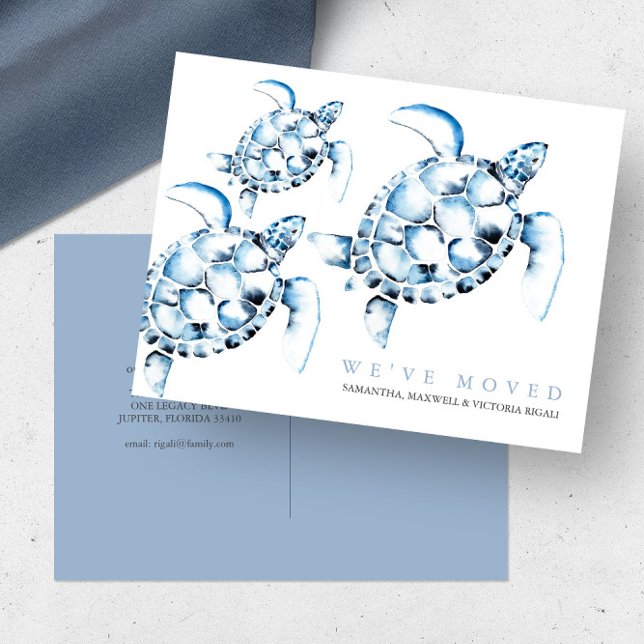 Beach Change of Address Cards Blue Sea Turtles (change of address cards beach house watercolor sea turtle blue watercolor by Victoria Grigaliunas)