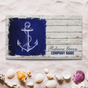 beach chic wood nautical navy blue anchor business card