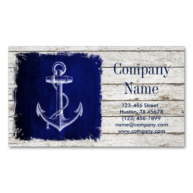 beach chic wood nautical navy blue anchor magnetic business card (Front)