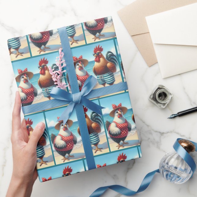 Beach Chickens In Swimsuits Wrapping Paper (Gifting)
