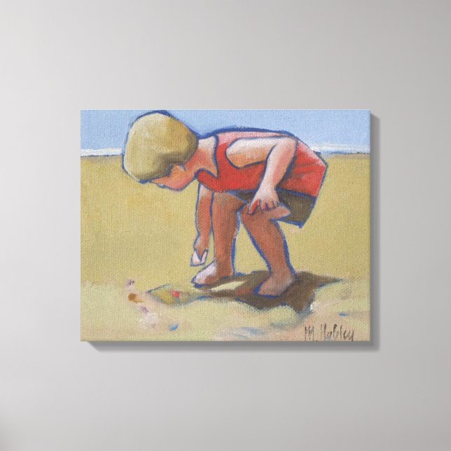 Beach child boy findng shell in the sand canvas print (Front)