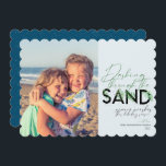 Beach Christmas  Blue Dashing Through The Sand  Holiday Card<br><div class="desc">A modern holiday card with a simple minimal message that reads "dashing through the sand" with palms combined with handwritten typography. Personalise with your names and favourite picture.  

Image by Vitolda Klein on Unsplash</div>