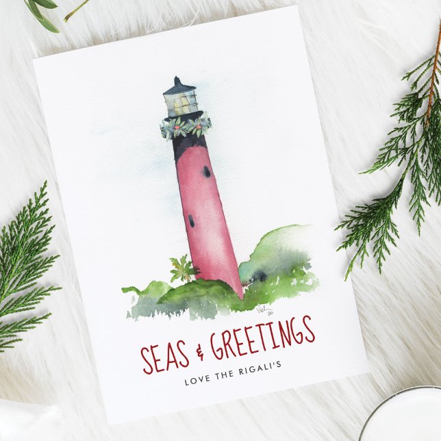 Beach Christmas Cards Watercolor Lighthouse (Beach Christmas Card Watercolor Lighthouse Florida holiday art by Victoria Grigaliunas)