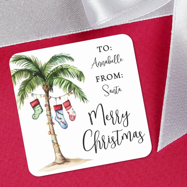 Beach Christmas Gift Tag Sticker (Palm Tree Tropical Christmas Gift Tag Sticker)