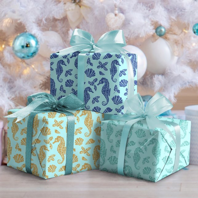 Beach Christmas Glitter Seahorse Pattern Aqua Blue Wrapping Paper Sheet (Creator Uploaded)