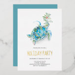 Beach Christmas Holiday Party Invitation<br><div class="desc">Celebrate the season with Do Tell A Belle's beach Christmas invitation, featuring a watercolor sea turtle adorned with holiday greenery in shades of turquoise, blue, and green. The words 'Holiday Party' are elegantly letterpressed in gold foil, adding a touch of sophistication. Customise with your party details for a coastal chic,...</div>