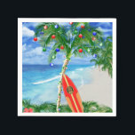 Beach Christmas Napkin<br><div class="desc">Happy Holidays from the warm sandy beaches of your favourite tropical island beach. Palm tree decorated with Christmas ornaments and lights,  with a retro surfboard leaning against the Christmas tree.</div>