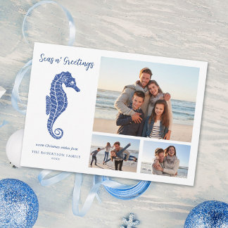 Beach Christmas Navy Blue Seahorse 3 Photo Holiday Card