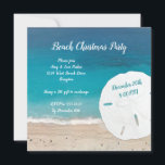 Beach Christmas New Years Party Invitation<br><div class="desc">Beach Christmas party invitations with blue ocean water background and big sand dollar design.  Square cards have optional rounded corners,  or choose the round shape.  White text with party title at top and date and time printed on the sand dollar.  Reverse also has a beach scene.</div>