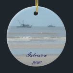 Beach Christmas Ornament<br><div class="desc">This pretty ornament features a photograph of the beach on the front and back.  Fishing boats dot the skyline.  On the front is a spot for a custom message or you can remove the text all together.  Perfect for someone who loves to travel.</div>
