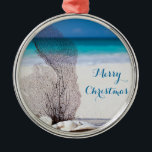 Beach Christmas Ornaments Round Metal Coral<br><div class="desc">Beach Christmas ornaments with coral and customizable text Merry Christmas. It's metal premium round ornament and measures 2.125 inches and weights 1.25 ounces.</div>