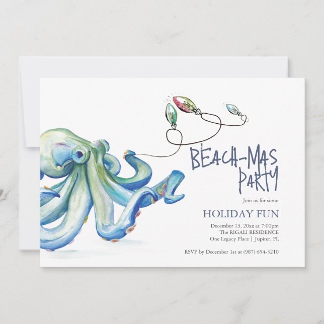 Beach Christmas Party Watercolor Blue Octopus Invitation (Front)