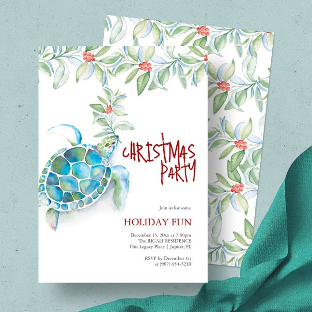 Beach Christmas Party Watercolor Sea Turtle Invitation (Beach Christmas invitation watercolor sea turtle art by Victoria Grigaliunas of Do Tell A Belle)