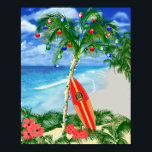 Beach Christmas Poster<br><div class="desc">Happy Holidays from the warm sandy beaches of your favourite tropical island beach. Palm tree decorated with Christmas ornaments and lights,  with a retro surfboard leaning against the Christmas tree.</div>