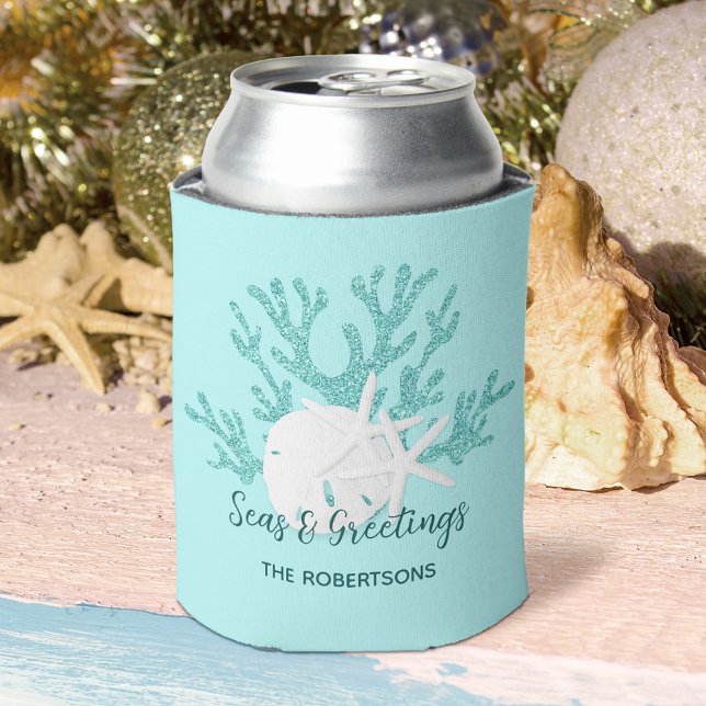 Beach Christmas Sand Dollar Starfish Aqua Blue  Can Cooler (Creator Uploaded)