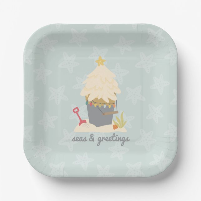 Beach Christmas Sand Pail Paper Plate (Front)