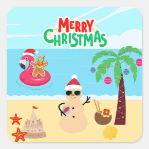 Beach Christmas Scene Square Sticker