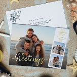 Beach Christmas Script 3 Photo Collage Gold<br><div class="desc">Add your family photos,  name,  and year date to this unique beach inspired holiday card,  with elegant script overlay “Seas ‘n Greetings” printed with real gold foil.</div>