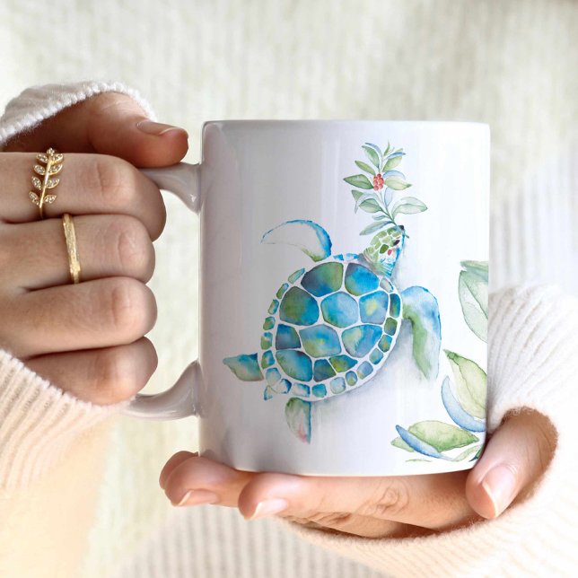 Beach Christmas Sea Turtle Seas & Greetings Coffee Mug (Beach Christmas coffee mugs watercolor sea turtle and botanical art by Victoria Grigaliunas)