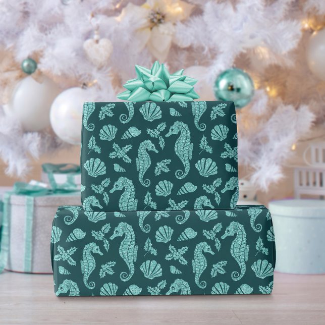 Beach Christmas Seahorse Glitter Teal Aqua Wrapping Paper (Creator Uploaded)