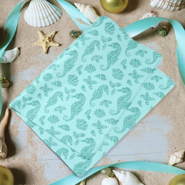 Beach Christmas Seahorse Pattern Aqua Glitter  Tissue Paper (Creator Uploaded)
